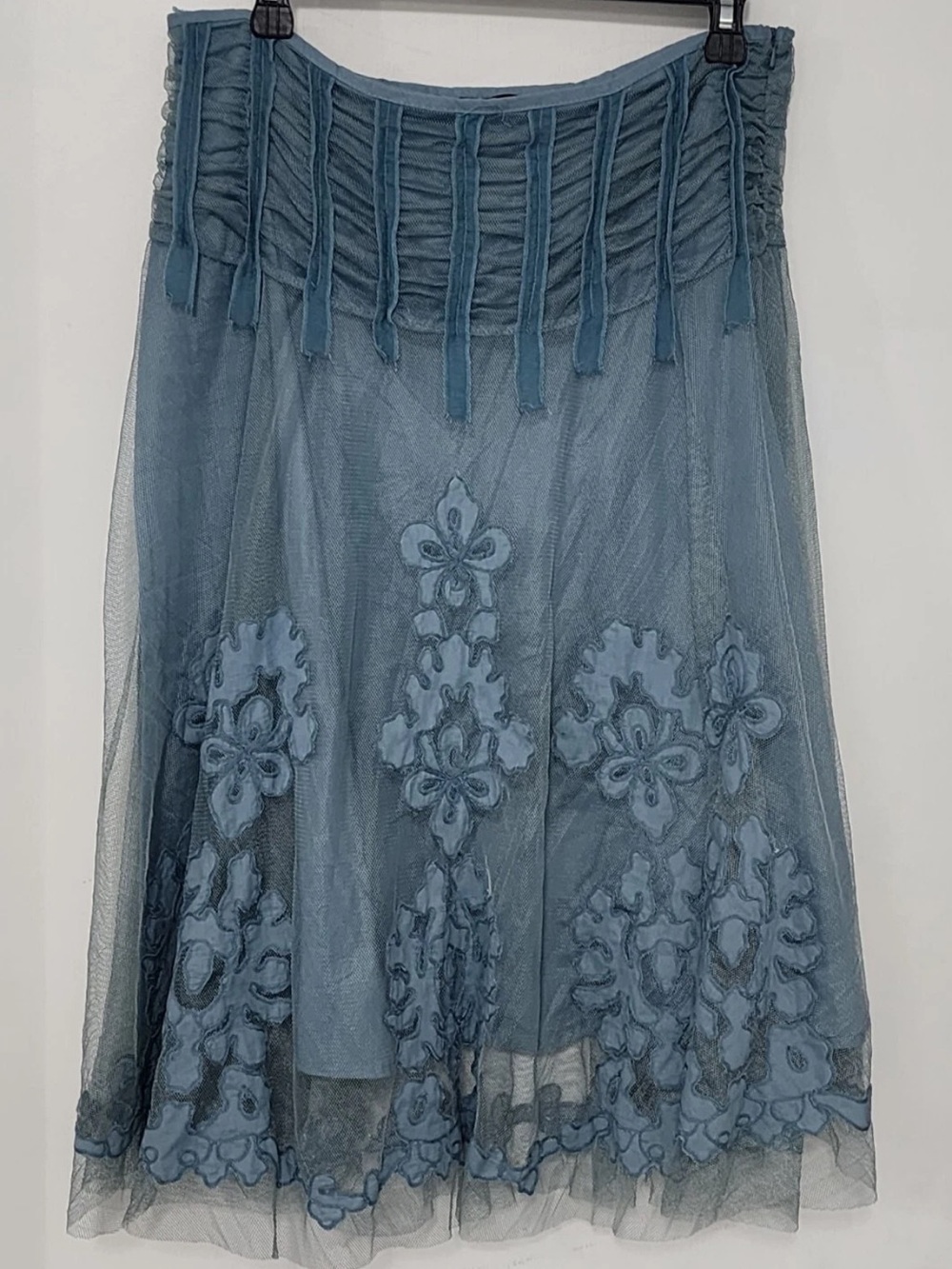 Hazel Anthropologie Dusty Blue A-Line Mesh Tulle Skirt with Floral Appliqué M